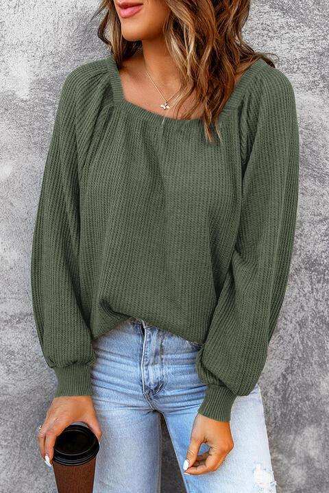 Square Neck Waffle-Knit Top - Trendsi - Flyclothing LLC