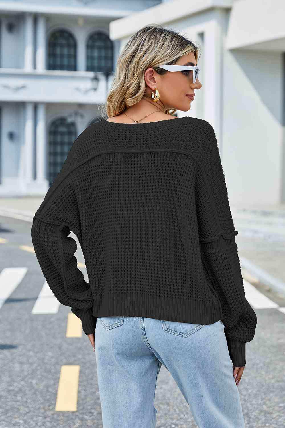 V-Neck Long Sleeve Sweater - Trendsi - Flyclothing LLC