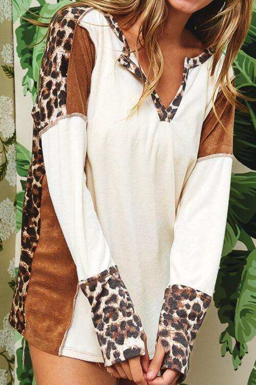 Leopard V-Neck Dropped Shoulder Blouse - Trendsi - Flyclothing LLC