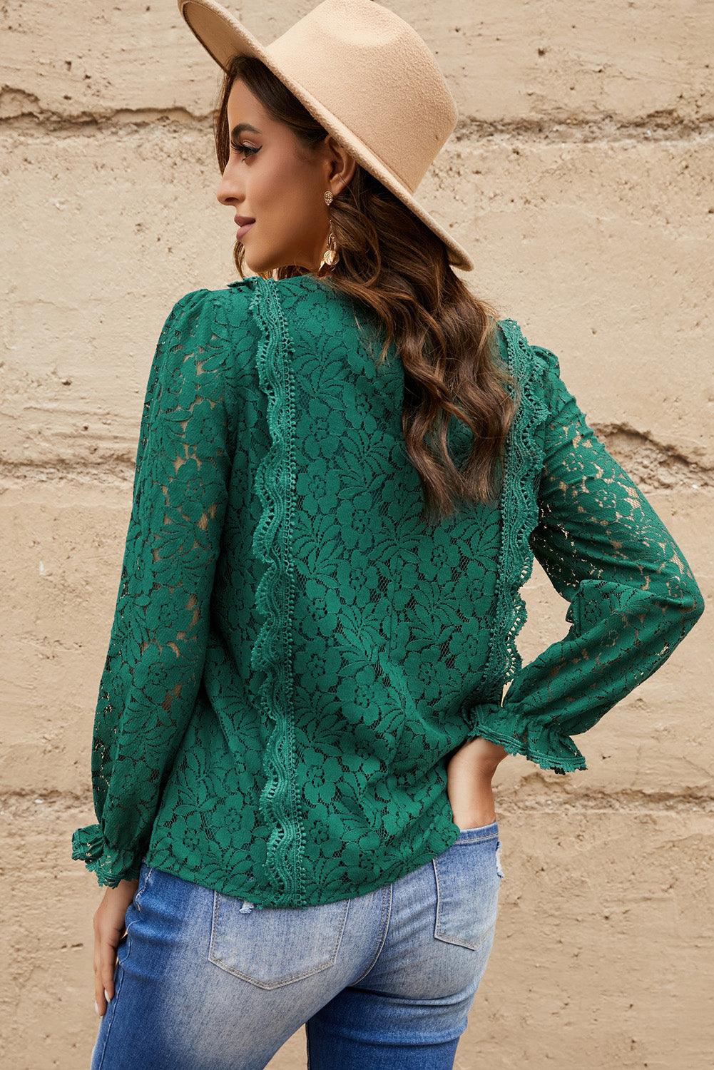 Lace Crochet V-Neck Flounce Sleeve Top - Flyclothing LLC
