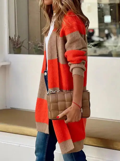 Contrast Open Front Long Sleeve Cardigan - Trendsi - Flyclothing LLC