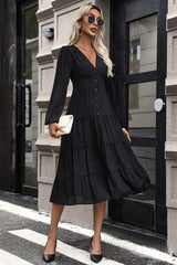Tiered Ruched Button Up Midi Dress - Trendsi - Flyclothing LLC