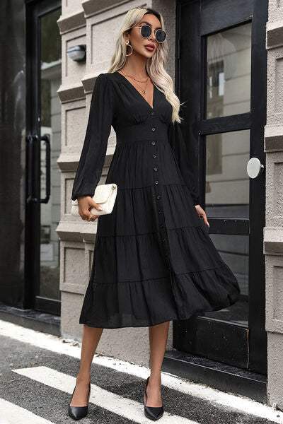 Tiered Ruched Button Up Midi Dress - Trendsi - Flyclothing LLC