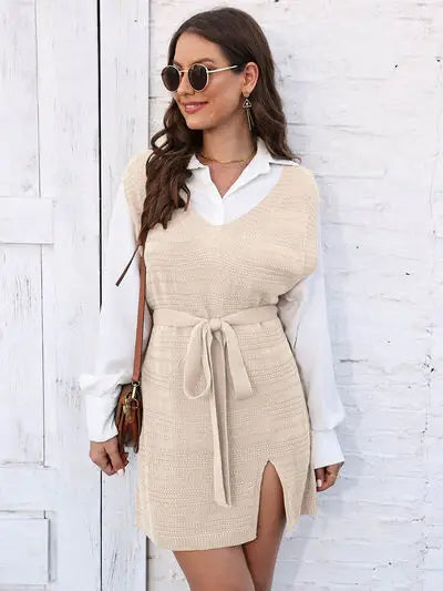Tie Front V-Neck Sleeveless Slit Sweater Dress - Trendsi - Flyclothing LLC