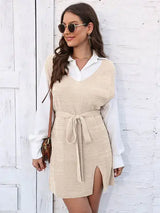 Tie Front V-Neck Sleeveless Slit Sweater Dress - Trendsi - Flyclothing LLC