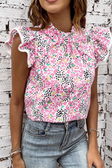 Floral Mock Neck Short Sleeve Blouse - Trendsi - Flyclothing LLC