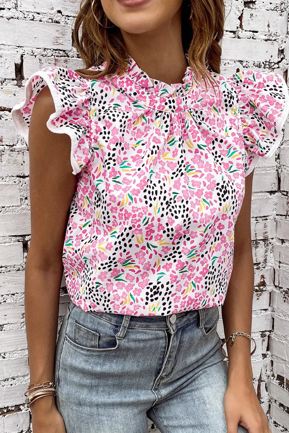Floral Mock Neck Short Sleeve Blouse - Trendsi - Flyclothing LLC