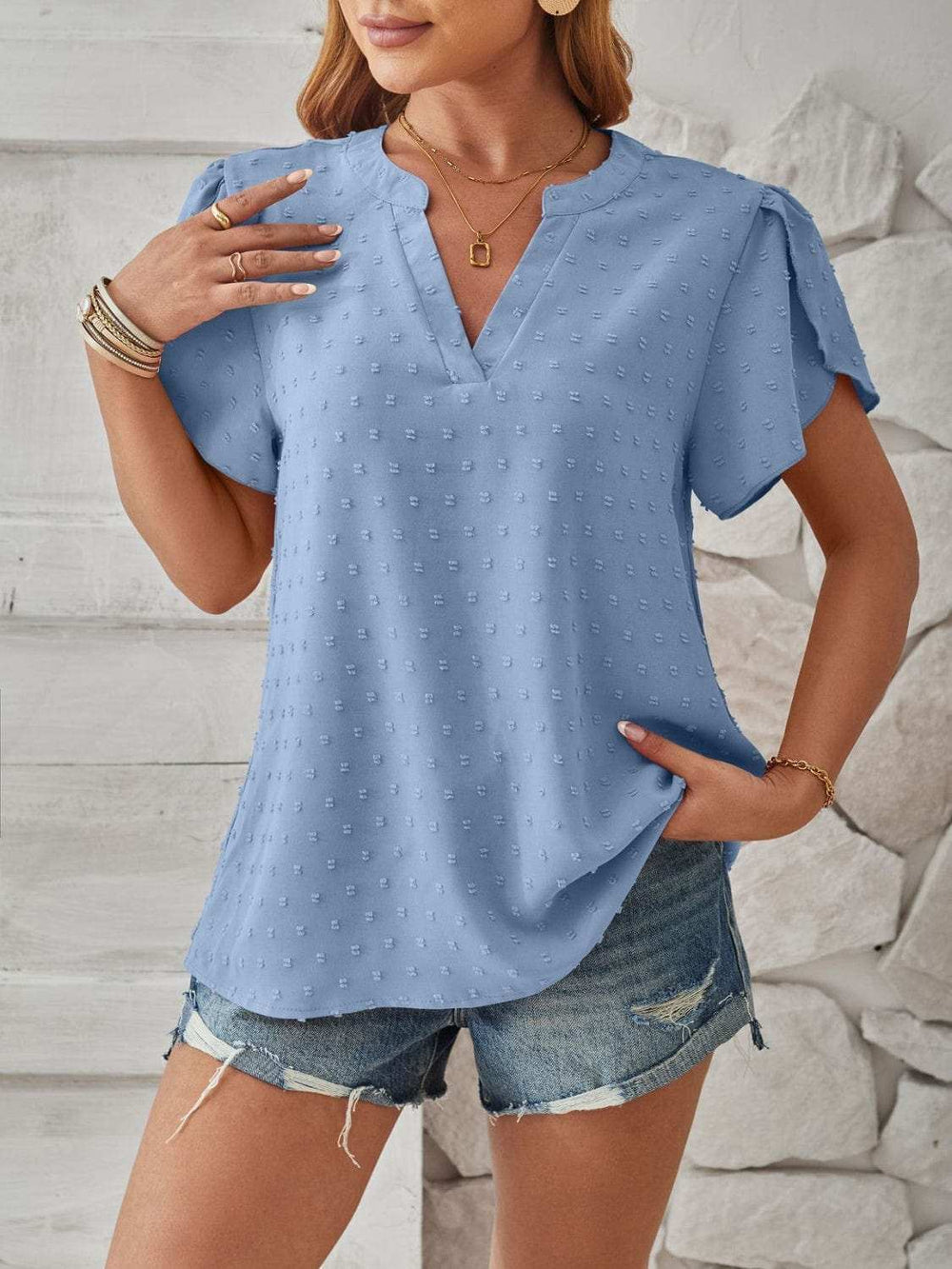 Swiss Dot Notched Petal Sleeve T-Shirt - Trendsi - Flyclothing LLC