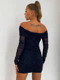 Glitter Ruched Off-Shoulder Long Sleeve Bodycon Dress - Trendsi