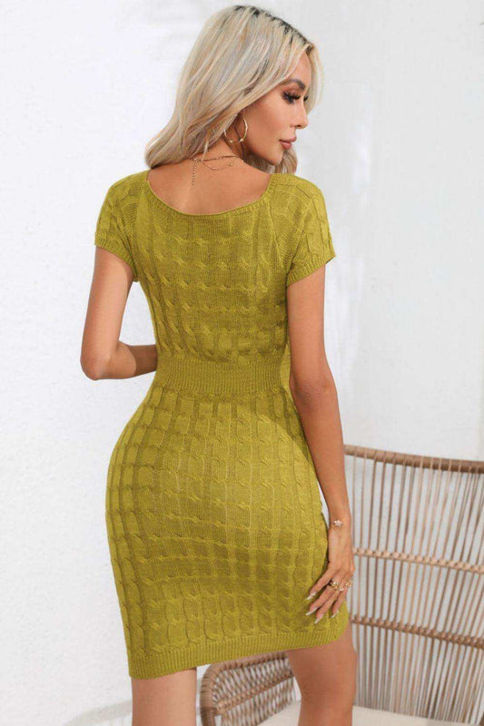 Decorative Button Round Neck Short Sleeve Sweater Dress - Trendsi - Flyclothing LLC
