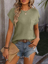 Pocketed Round Neck Cap Sleeve Sweater - Trendsi - Flyclothing LLC