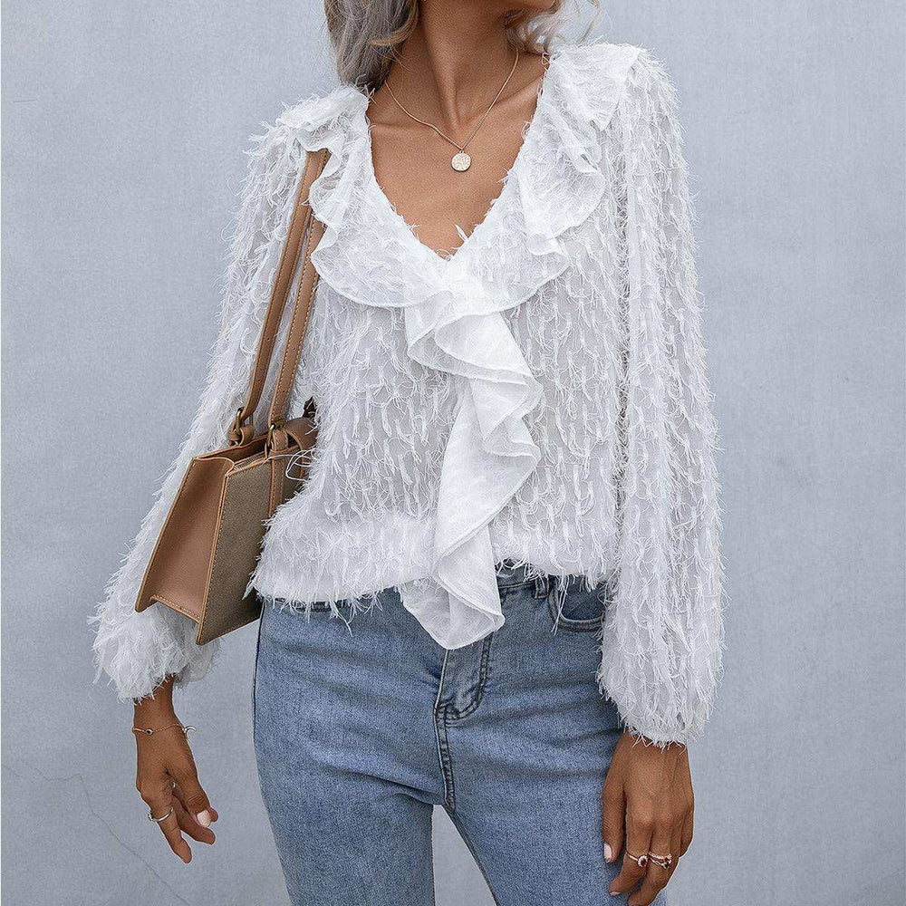 Ruffle Hem Fringe V-Neck Balloon Sleeve Blouse - Trendsi - Flyclothing LLC