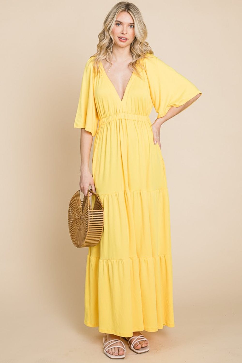 Culture Code Backless Plunge Half Sleeve Tiered Dress - Trendsi