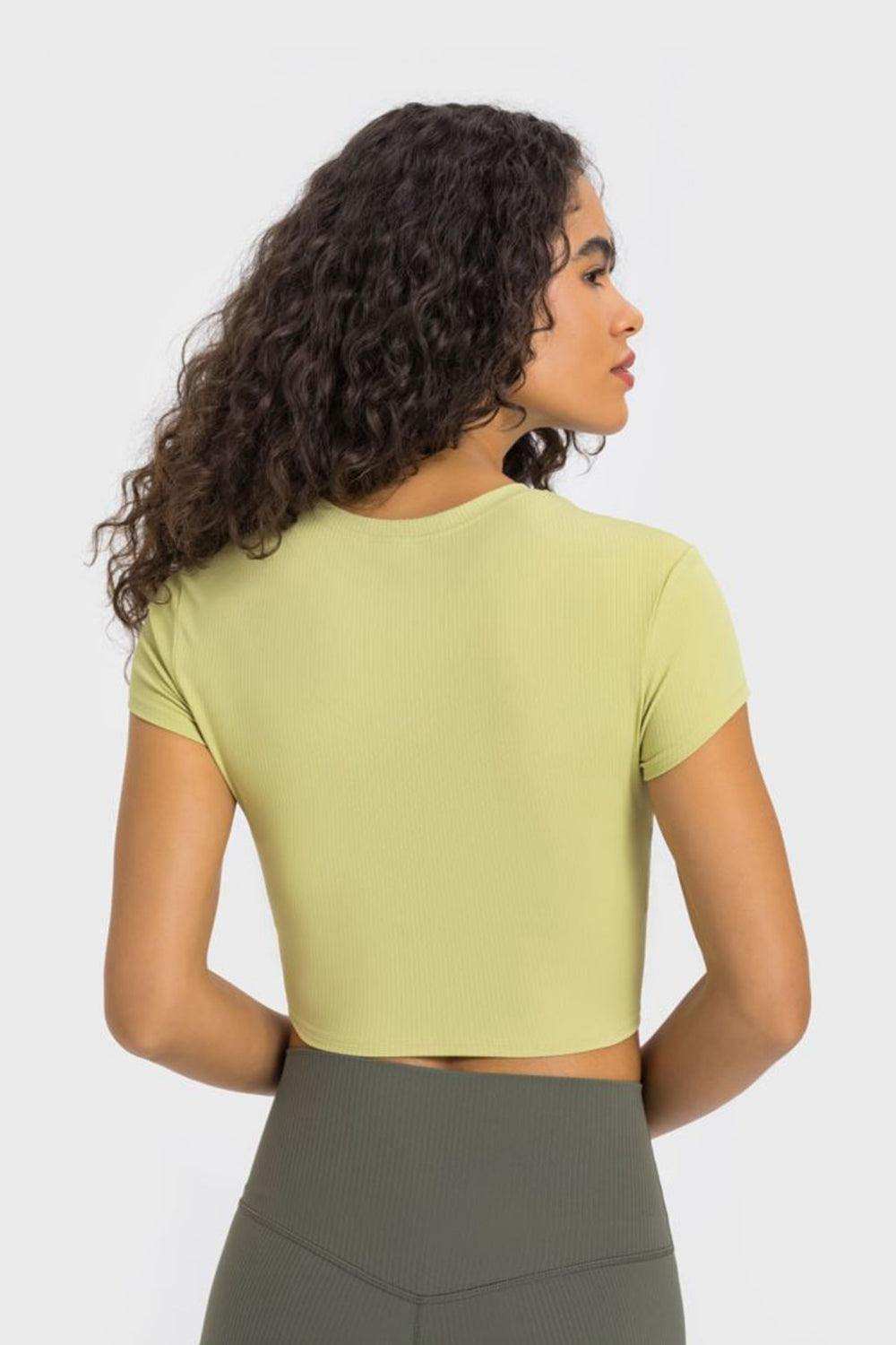 Round Neck Short Sleeve Cropped Sports T-Shirt - Trendsi - Flyclothing LLC