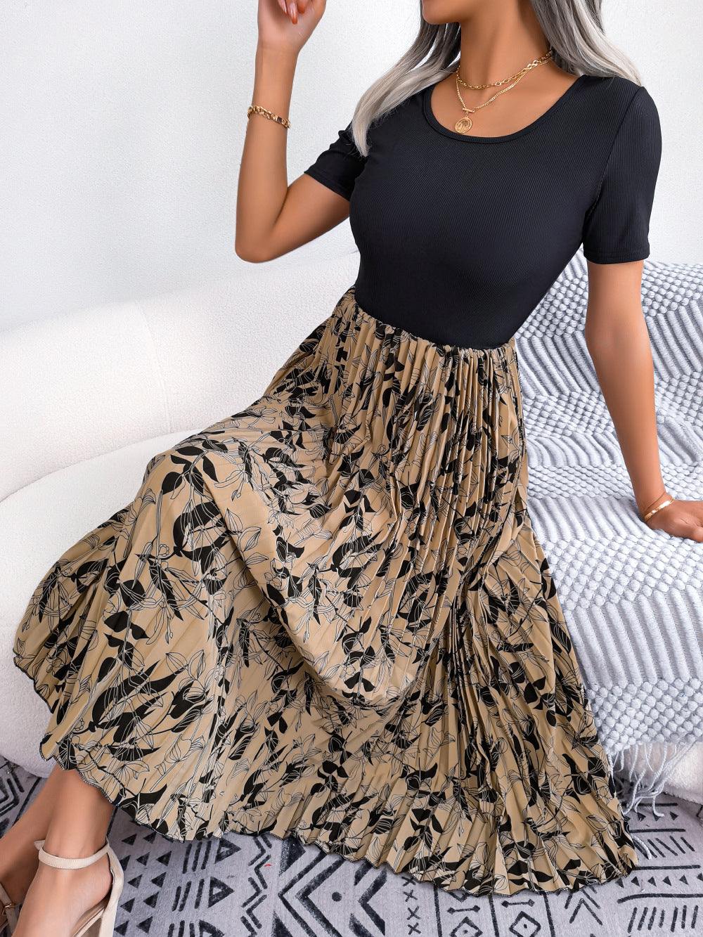 Printed Round Neck Pleated Dress - Trendsi