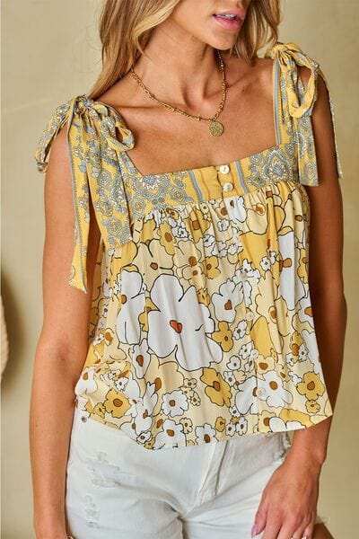 Tied Printed Square Neck Tank - Trendsi - Flyclothing LLC