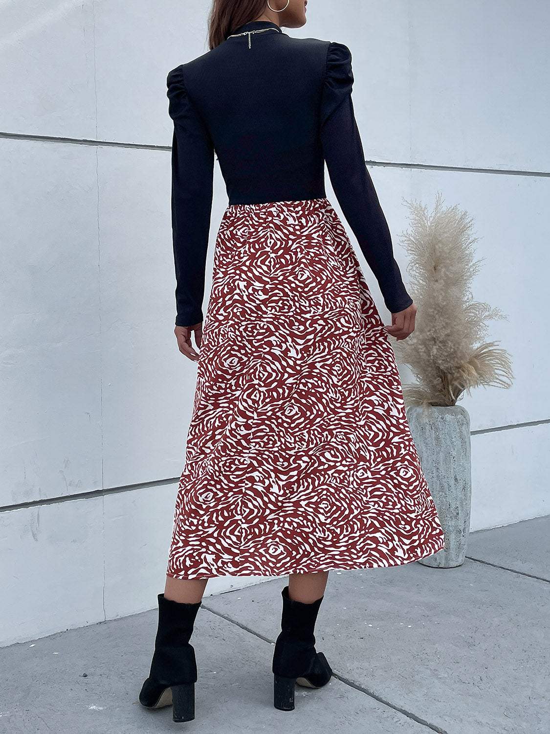 Printed Mock Neck Puff Sleeve Midi Dress - Trendsi - Flyclothing LLC