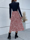 Printed Mock Neck Puff Sleeve Midi Dress - Trendsi