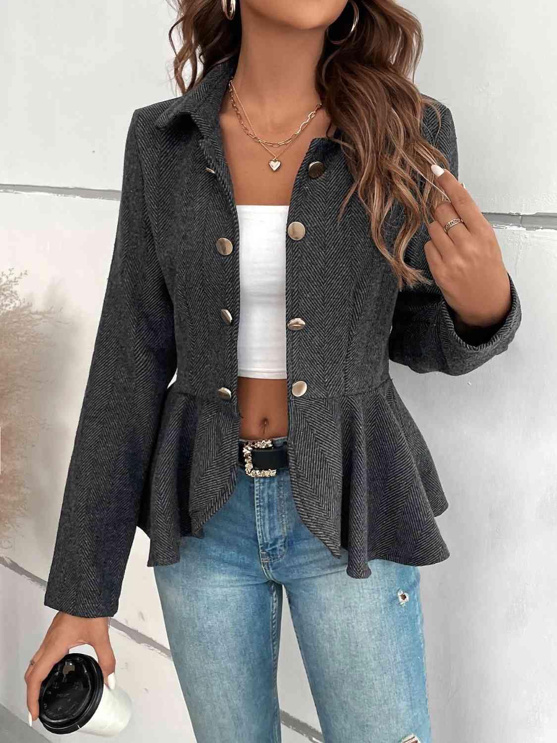 Ruffle Hem Collared Blazer - Trendsi