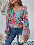 Printed Surplice Smocked Lantern Sleeve Blouse - Trendsi - Flyclothing LLC