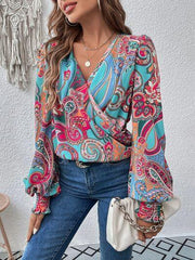 Printed Surplice Smocked Lantern Sleeve Blouse - Trendsi