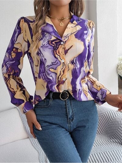 Printed Button Up Long Sleeve Shirt - Trendsi