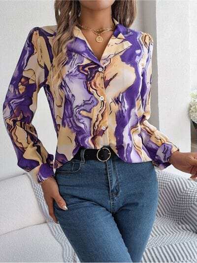 Printed Button Up Long Sleeve Shirt - Trendsi - Flyclothing LLC