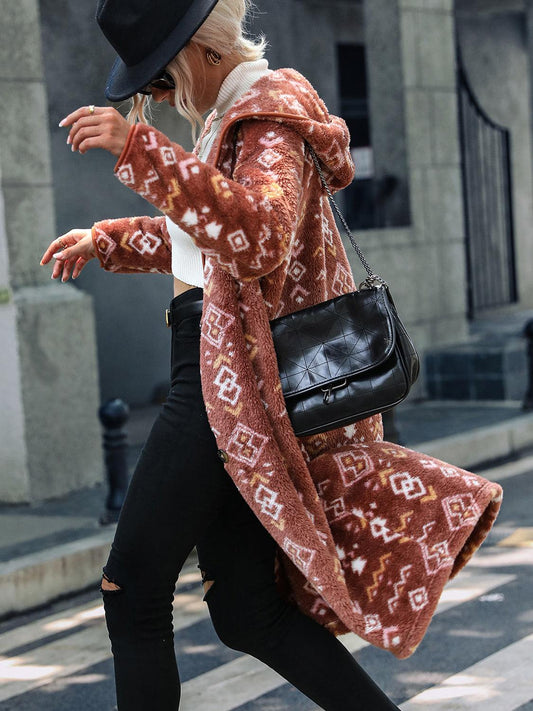 Geometric Button Down Hooded Fleece Coat - Trendsi