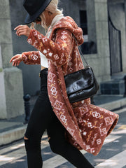 Geometric Button Down Hooded Fleece Coat - Trendsi