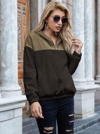 Pocketed Color Block Quarter Zip Hoodie - Trendsi - Flyclothing LLC