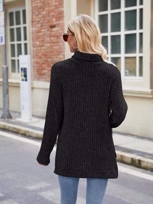 Ribbed Turtleneck Long Sleeve Slit Knit Top - Trendsi - Flyclothing LLC