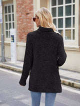 Ribbed Turtleneck Long Sleeve Slit Knit Top - Trendsi - Flyclothing LLC