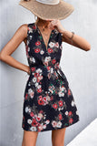 Printed Zip Detail Belted Sleeveless Dress - Trendsi