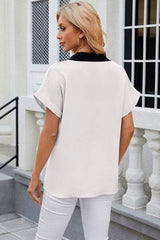 Contrast Johnny Collar Short Sleeve Blouse - Trendsi - Flyclothing LLC