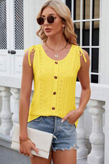 Eyelet Round Neck Wide Strap Tank - Trendsi - Flyclothing LLC