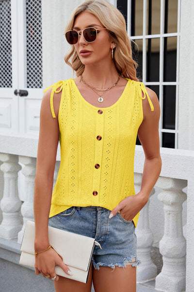 Eyelet Round Neck Wide Strap Tank - Trendsi - Flyclothing LLC