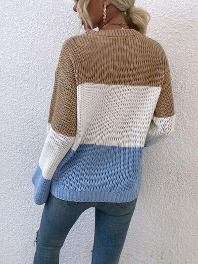 Color Block Round Neck Sweater - Trendsi