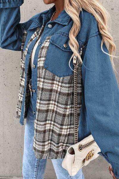 Plaid Pocketed Button Up Denim Jacket - Trendsi - Flyclothing LLC