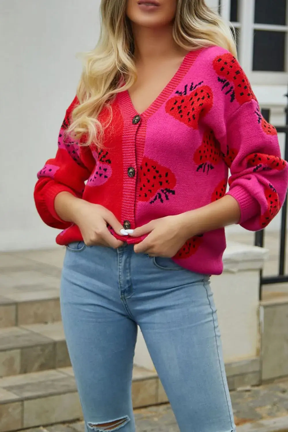 Printed V-Neck Button-Down Long Sleeve Cardigan - Trendsi - Flyclothing LLC