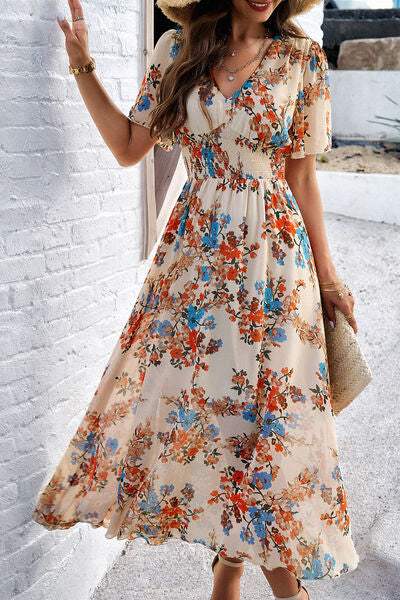 Smocked Floral V-Neck Short Sleeve Dress - Trendsi - Flyclothing LLC