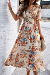 Smocked Floral V-Neck Short Sleeve Dress - Trendsi - Flyclothing LLC