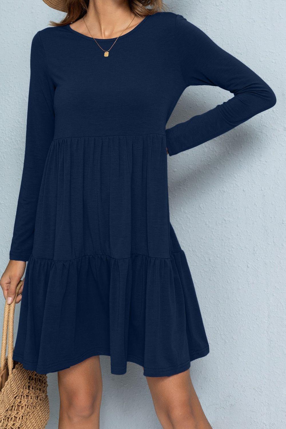 Round Neck Long Sleeved Tiered Dress - Trendsi