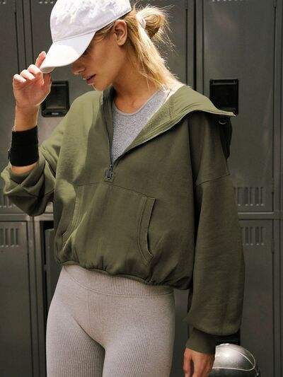 Half Zip Pocketed Dropped Shoulder Hoodie - Trendsi - Flyclothing LLC
