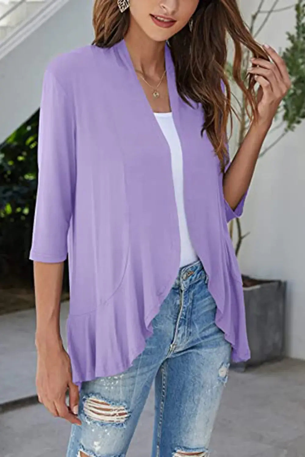 Open Front Ruffle Trim Cardigan - Trendsi - Flyclothing LLC