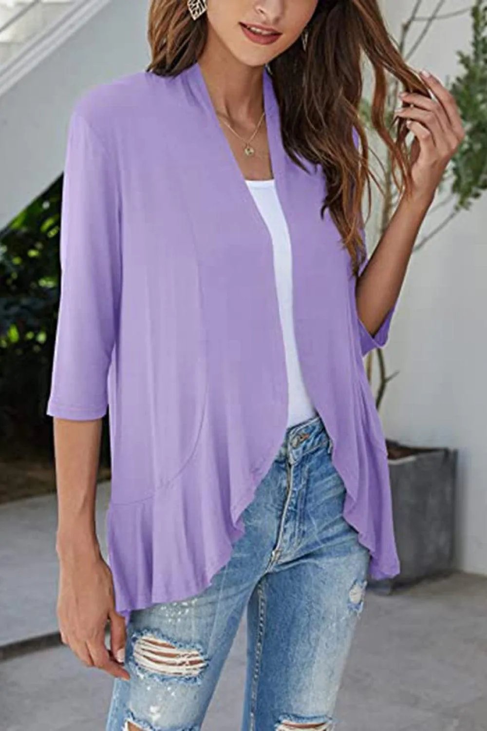 Open Front Ruffle Trim Cardigan - Trendsi