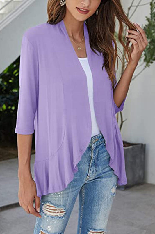 Open Front Ruffle Trim Cardigan - Trendsi
