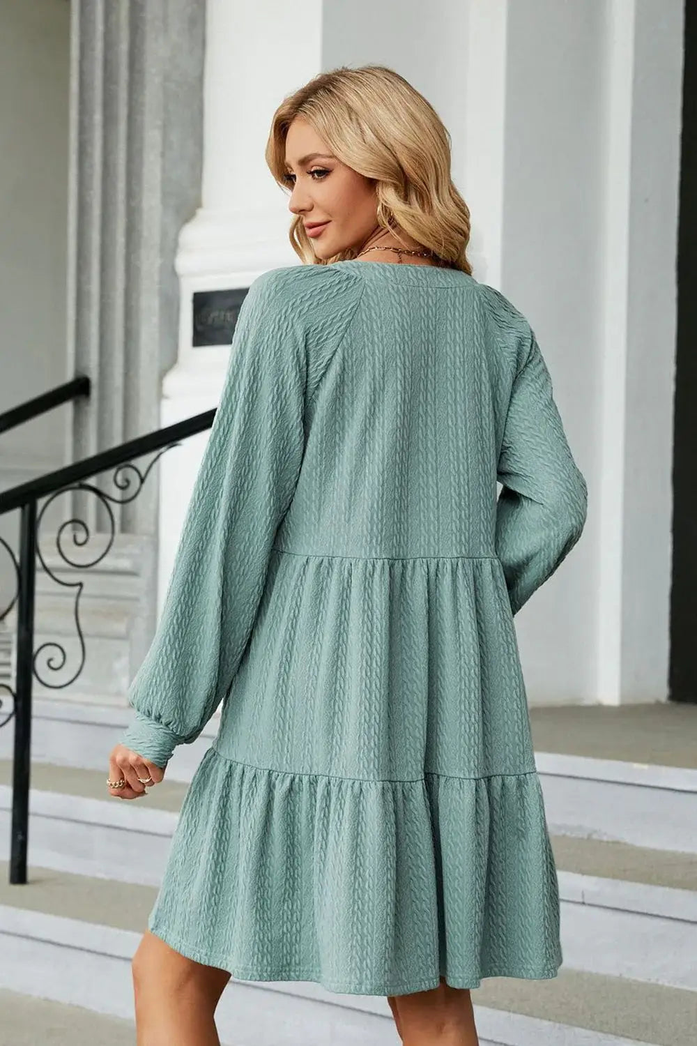 Notched Neck Long Sleeve Mini Dress - Trendsi - Flyclothing LLC