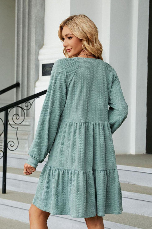 Notched Neck Long Sleeve Mini Dress - Trendsi