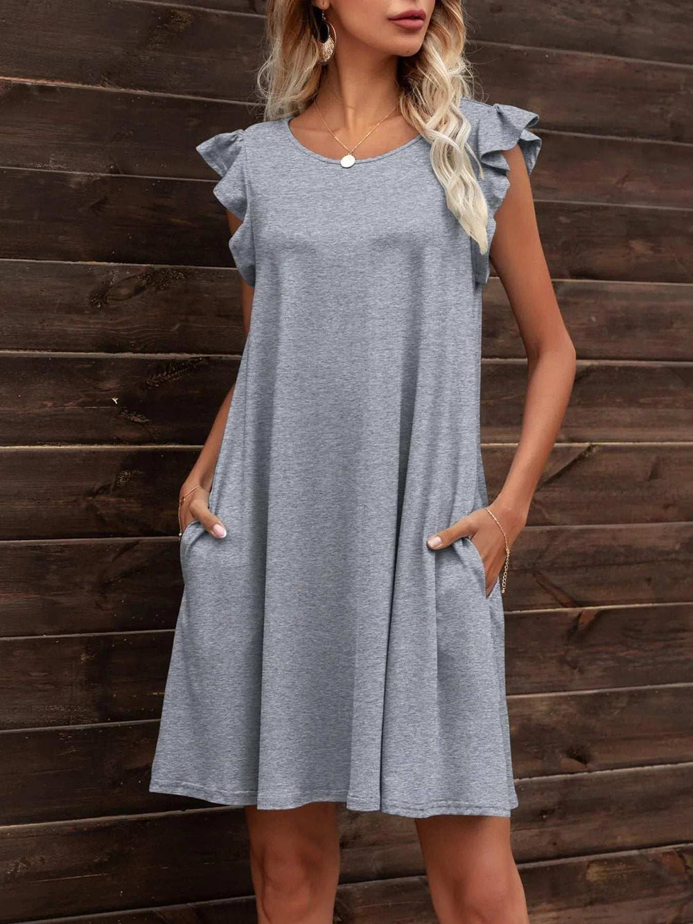 Round Neck Flutter Sleeve Dress with Pockets - Trendsi - Flyclothing LLC