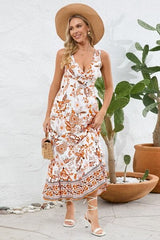 Printed V-Neck Wide Strap Dress - Trendsi